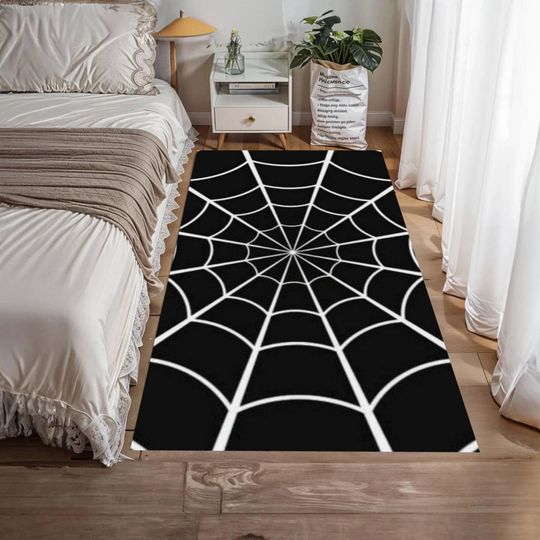 Discover Spider Web Rug, Black and White Pattern, Washable Non-Slip Carpet