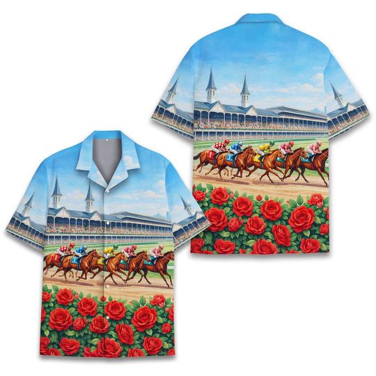 Discover Horse Racing Hawaiian Shirt, Derby Day Aloha Shirt, Jockey Racing Tropical Button Up Top, Roses Horse Race Shirt Gift