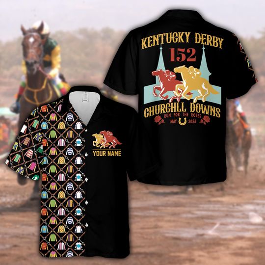 Discover Personalized Kentucky Derby Hawaiian Shirt, Custom Name Number Black Racing Aloha Shirt, Derby Day Party Shirt,Derby Outfit