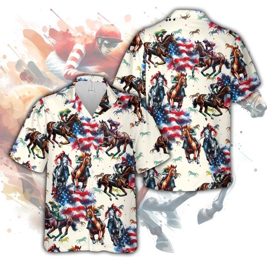 Discover American Flag Thoroughbred Horse Racing Hawaiian Shirt, Talk Derby To Me Button Up Shirt, DerbyPatriotic Gift For Racing Fan