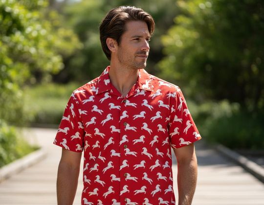Discover Running Horse Hawaiian Shirt Western Animal Pattern For Men Red Tropical Ranch Style Summer Vacation Casual Button Up