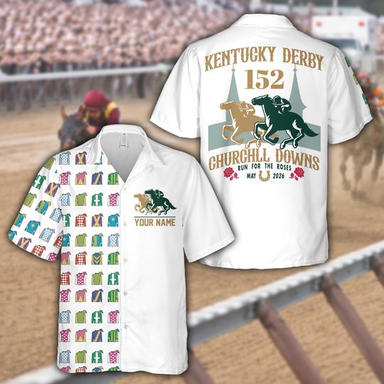 Discover Personalized Kentucky Derby Hawaiian Shirt, Custom Name Number White Racing Aloha Shirt, Derby Day Party Shirt,Derby Outfit