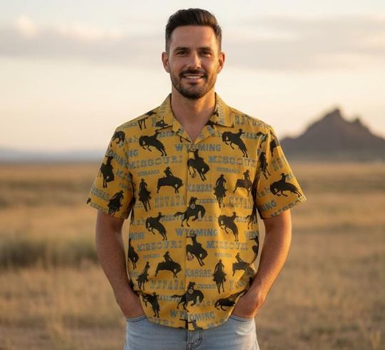 Discover Western Cowboy Hawaiian Shirt For Men Rodeo Horse Ranch Pattern Vintage Wild West Summer Vacation Button Up Casual Cowboy Style