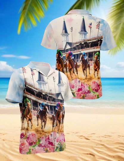 Discover Horse Racing Hawaiian Shirt, Kentucky Derby Shirt, Floral Hawaiian Button Up, Summer Vacation Shirt, Sports Shirt