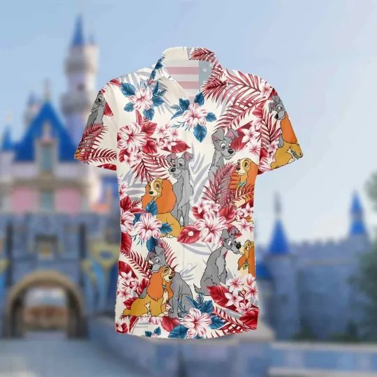 Discover Disney Lady & The Tramp Dogs 4th July Independence Day Tropical Hawaiian Shirt