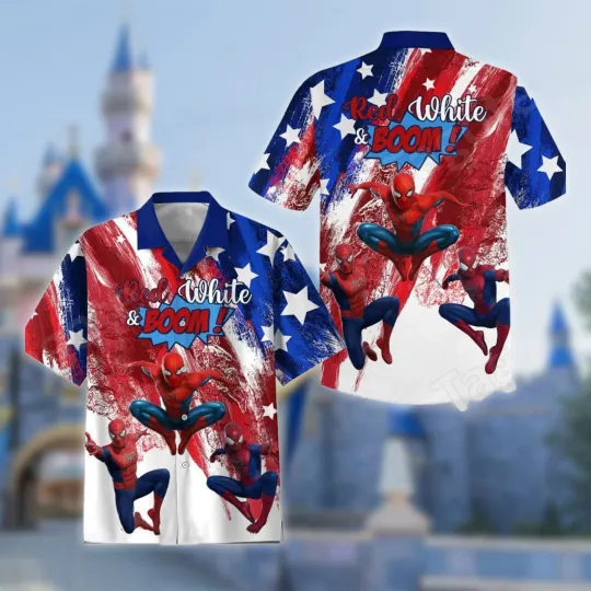 Discover Disney Spiderman Red White And Boom Patriotic Happy 4th Of July Hawaiian Shirt