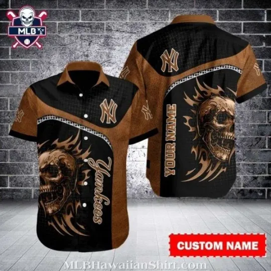 Discover New York Baseball Team Yankeess Flaming Skull Custom Name Hawaiian Shirt