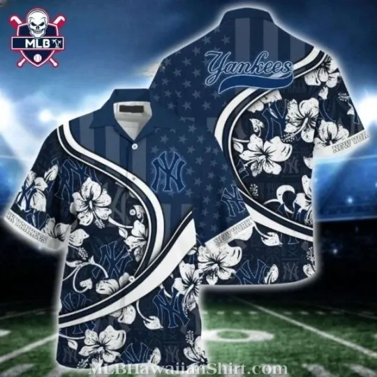 Discover White Hibiscus Navy US Flag New York Baseball Team Yankeess Hawaiian Shirt