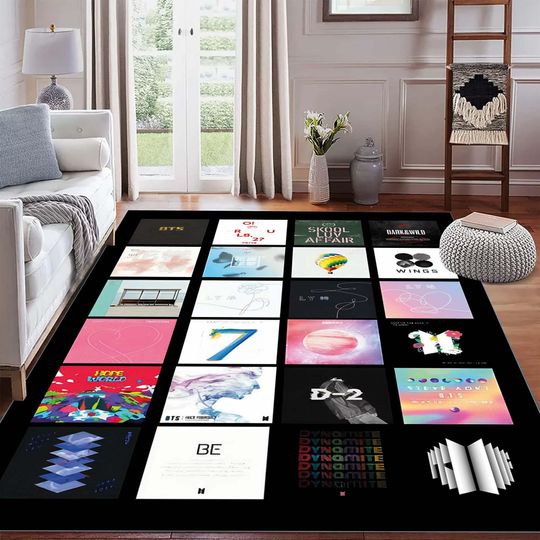 Discover BTS Album Cover Collage Design Colorful Kpop Inspired Modern Area Rug, Washable Living Room Rug, Bedroom Decor Gift For Teens And Fans