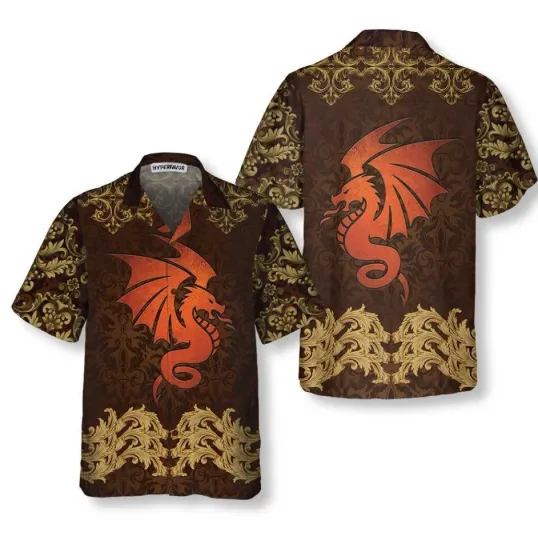 Discover Baroque Dark Brown Dragon Hawaiian Shirt, Vintage Pattern Dragon Shirt
