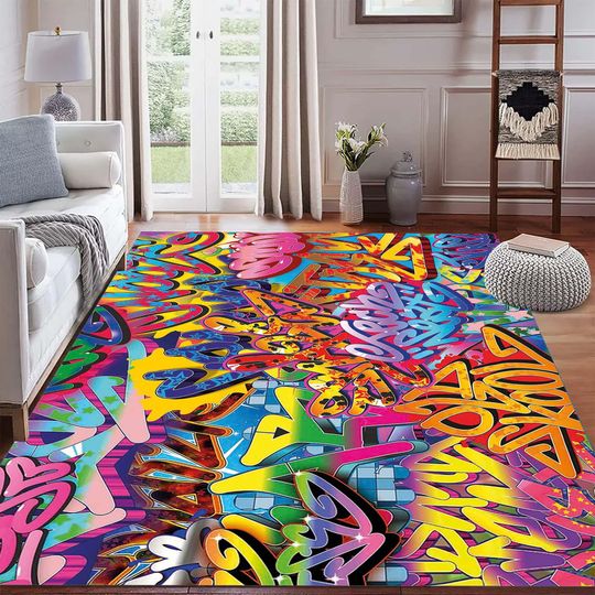 Discover Graffiti Rug, Colorful Pop Art Modern Area Rug, Urban Street Style Abstract Vibrant Artistic Rug, Home Decor,Gift Rug, Machine Washable Rug