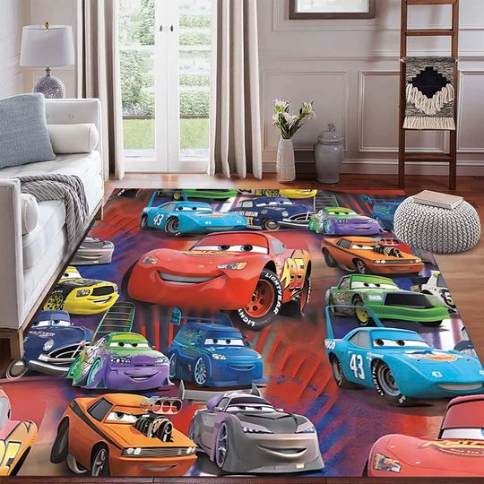 Discover Colorful Cartoon Race Cars Rug, Kids Room Decor, Fun Racing Theme Area Rug, Soft Playroom Carpet, Boys Bedroom Nursery Decorative Rug