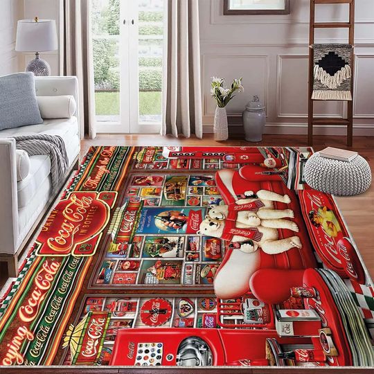 Discover Vintage Coca Cola Rug, Retro Diner Style Area Rug, Classic Soda Theme Printed Carpet For Kitchen And Living Room, Vintage Diner Area Carpet