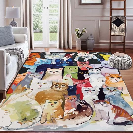 Discover Colorful Cat Patterned Rug for Cat Lovers, Modern Pet Design, Living Room Decor, Cute Cat Art Rug, Soft Floor Mat, Gift Idea.