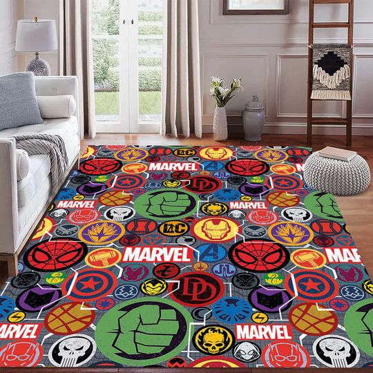 Superhero Area Rug Avengers Pattern Hulk,  Iron Man Spiderman Design Kids Room Decor, Digitally Printed Machine Washable Carpet, Gift Rug