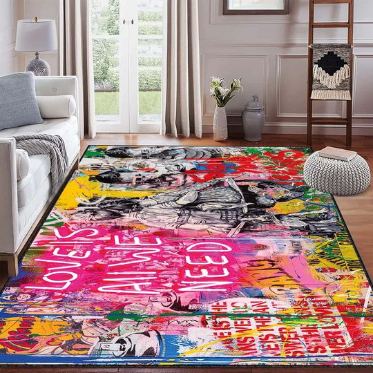 Discover Rug With Pop Art Graffiti Design, Bold Colors, Neon Typography, Modern Street Art Style, Durable Material, Eye Catching Decor,Gift Carpet