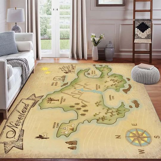 Discover Neverland Map Rug,Fantasy Island Carpet,Peter Pan Room Decor,Whimsical Kids Rug,Storybook Style Map,Vintage Treasure Map