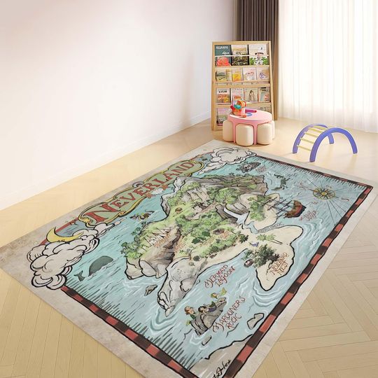 Discover Neverland Map Kids Rug, Fantasy Adventure Playmat, Educational Tutorial Old World Carpet