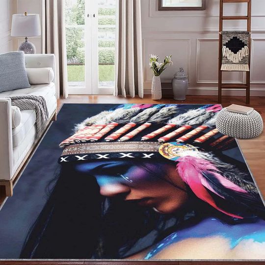 Discover Rug With Vibrant Tribal-Inspired Portrait Design, Colorful Feather Details, Soft Texture Area Carpet For Living Room & Boho Home Decor