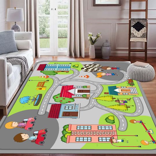 Discover Kids City Road Play Rug, Colorful Cartoon Town Carpet, Traffic Track Design, Playroom Nursery Floor Mat, Educational Game Rug