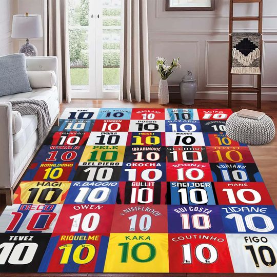 Discover Football Legends Jersey Collage Rug, Iconic Number 10 Player Design, Colorful Football Art Rug, Modern Sports Home Decor, Legendary Gift Rug