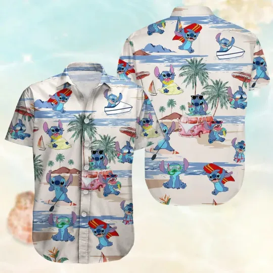 Disney Lilo And Stitch Ohana Beach Sand Palm Tree Aloha Hawaiian Shirt