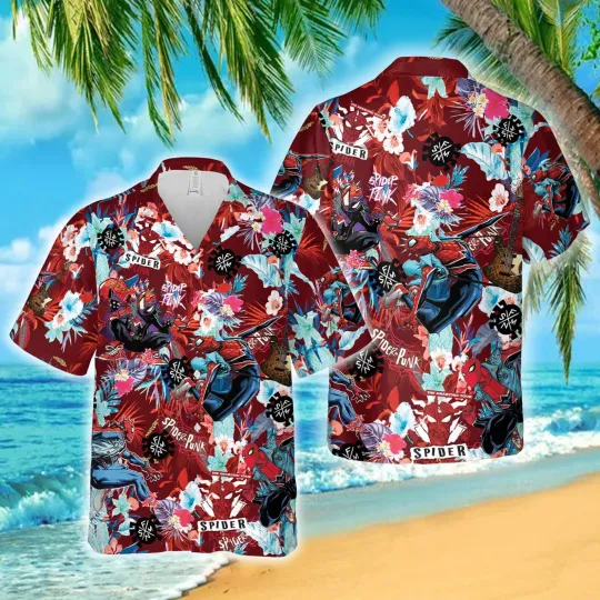 Disney Spider Punk Man Spider Man Across The Spider Verse Floral Hawaiian Shirt