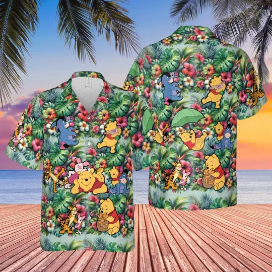 Discover Disney Pooh Bear & Friends Tropical Flower Leaves Winnie The Pooh Hawaiian Shirt