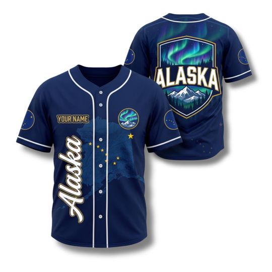Discover Alaska Northern Lights Baseball Jersey Shirt, Custom Name, USA State Pride Apparel, Aurora Borealis Mountain Graphic Unisex Fan Shirt
