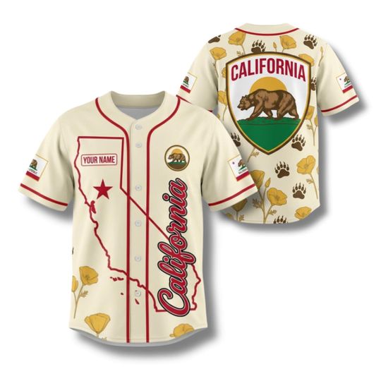 California Bear State Pride Baseball Jersey Shirt, Custom Name West Coast USA Apparel, Golden Poppy Nature Graphic Unisex Fan Gift