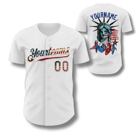 Custom Name Number Baseball Jersey, USA Liberty Patriotic Button Up Shirt