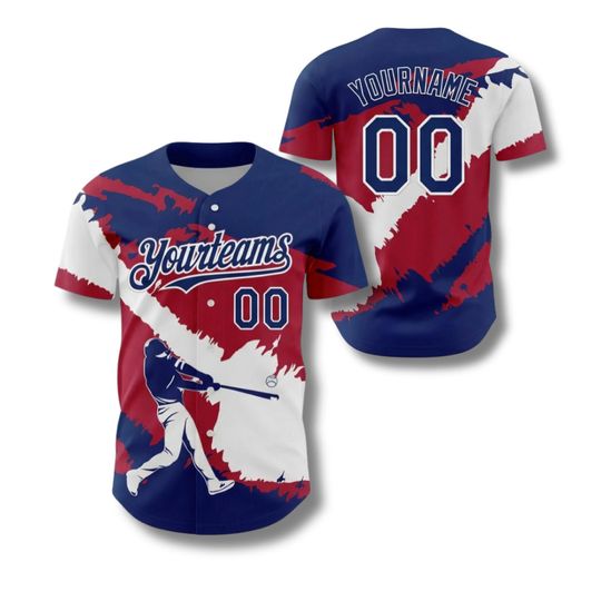Custom Baseball Jersey, Personalized Name Number, Red White Blue Splash, Batter Graphic