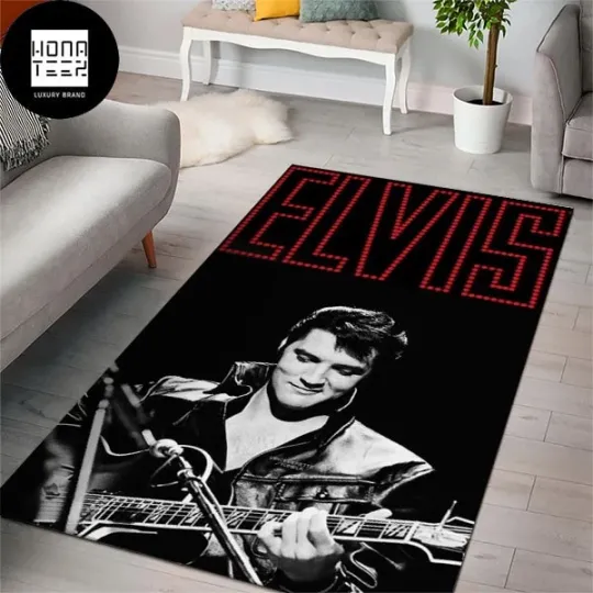 Discover Elvis Presley Playing Guitar Red Word Elvis Rug