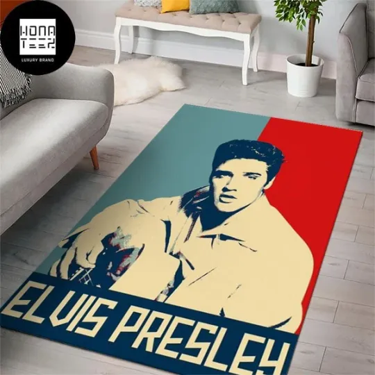 Discover Elvis Presley Playing Guitar Red And Blue Background Vintage Rug