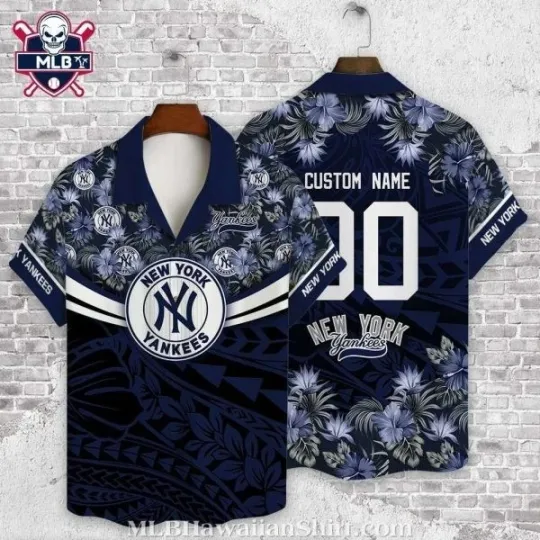 Discover Tropical Floral New York Baseball Team Yankeess Aloha Shirt – Midnight Blue And