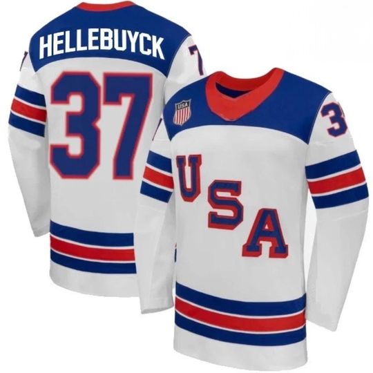 Discover Men's #37 Connor Hellebuyck Hockey Jersey - USA 2026 Winter Shirt