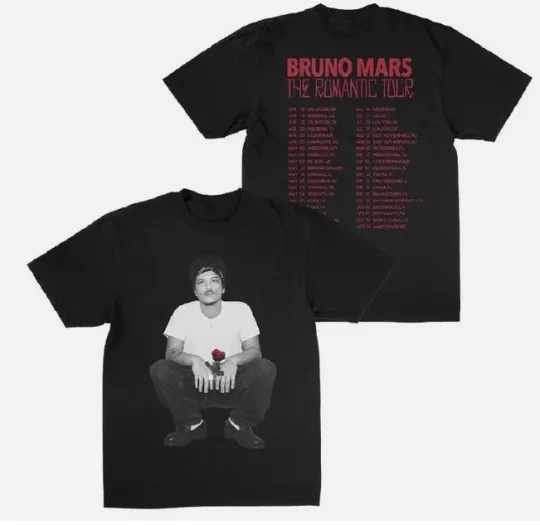 Discover Bruno Mars Romantic Tour 2026 T-Shirt Black Double-Sided