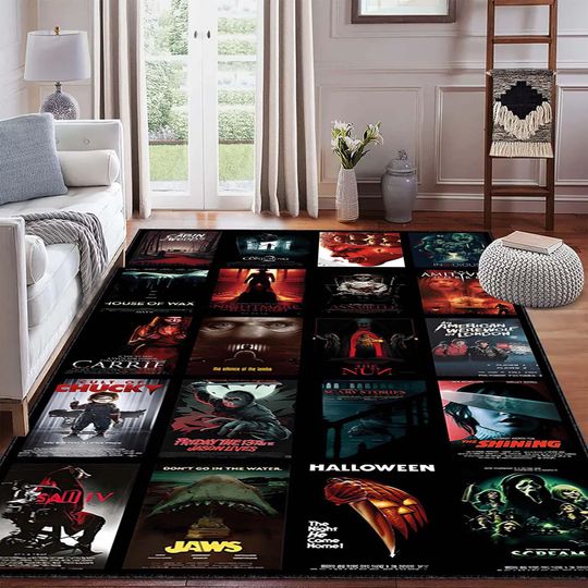 Discover Horror Movie Poster Rug, Classic Horror Film Collage Design, Halloween Decor, Dark Gothic Living Room Area Carpet, Gift Carpet