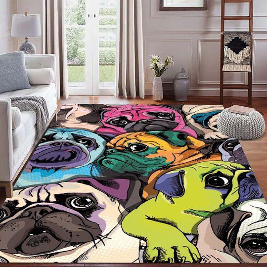 Discover Pop Art Pug Dog Rug,  Colorful Cartoon Dogs Pattern,  Modern Pet Lover Area Carpet, Digital Print Home Decor, Gift Rug