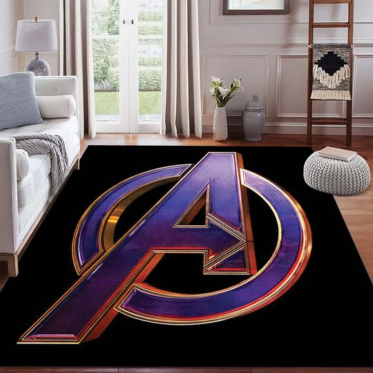 Discover Metallic Blue Purple Hero Letter A Logo Rug, 3D Modern Geek Gamer Room, Soft Digital Print Area Rug, Gift Rug