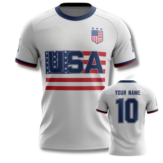 Discover Personalized USA Soccer Jersey with Name and Number, American Football Shirt, USA Flag Fan Gift, Patriotic Match Day Top