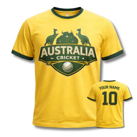 Australia Cricket 3D Ringer T-Shirt with Custom Name and Number Unisex Fans Tee Yellow Green