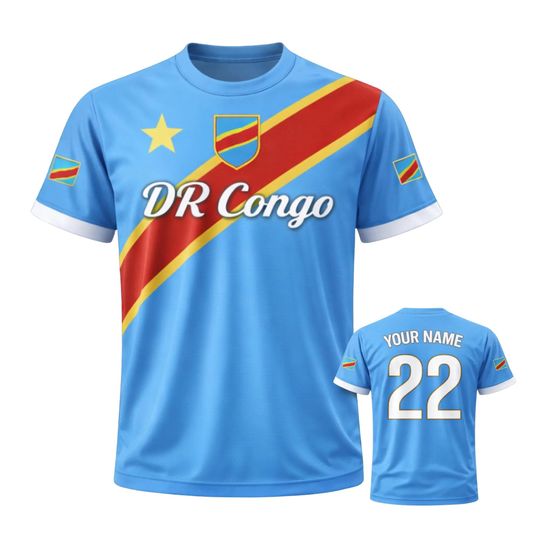 Discover DR Congo Football Fan Shirt, Custom Name & Number Soccer Jersey, All Over Blue Red Diagonal Stripe, Unisex Match Day Tee