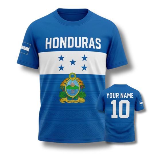 Discover Honduras Soccer Jersey Custom Name Number, Blue Football Shirt for Fans, Personalized Honduras Flag National Team Tee Gift