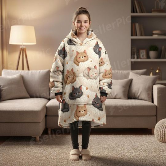 Discover Kids Cat Print Hooded Blanket, Soft Flannel Blanket