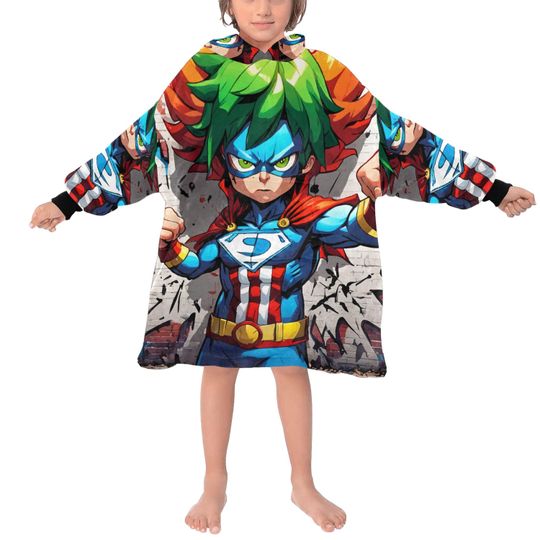 Kids Blanket Hoodie with Hero Comics Cartoon Art, Retro Superhero Design