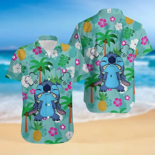 Discover Disney Stitch Aloha Summer Tropical Fruit Retro Blue Hawaiian Shirt