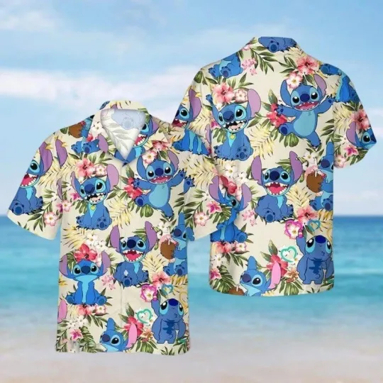 Discover Disney Funny Stitch Magic Summer Vaction Tropical Leaves Floral Hawaiian Shirt