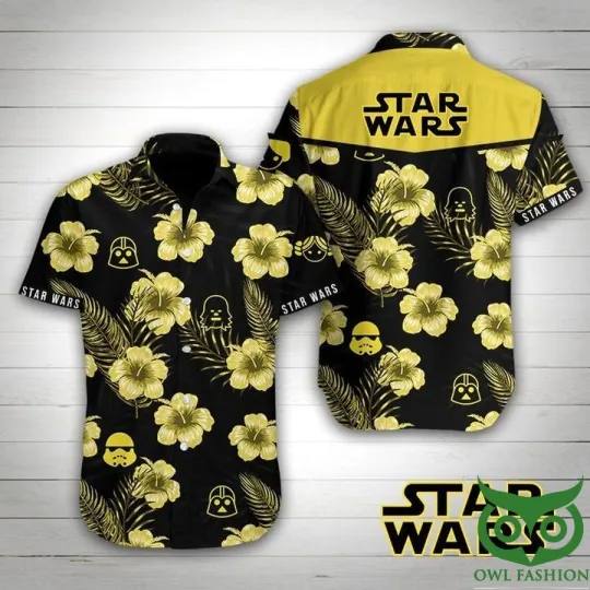 Discover Disney Star Wars Yellow Flowers Black Tropical Aloha Hawaiian Shirt