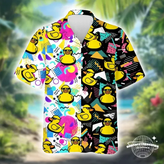 Discover Retro 90's Rubber Duck Hawaiian Shirt: Vibrant Summer Beachwear